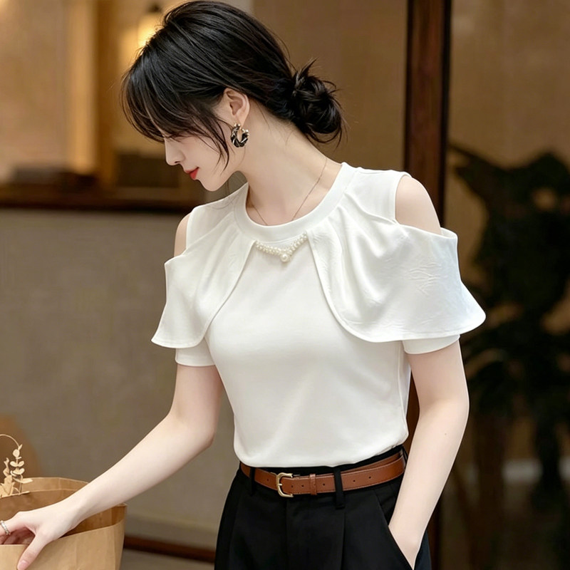 显瘦独特漂亮时尚露肩短袖女士T恤减龄小众设计感气质百搭上衣服