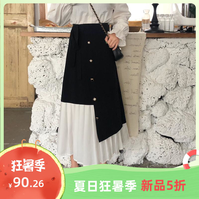 夏季韩版2019新款高腰设计感不规则撞色拼接中长款百褶半身裙女装|ruв категории Женская одежда, юбка - от Buy2taobao.com для оказания профессиональной услуги покупки агента Taobao