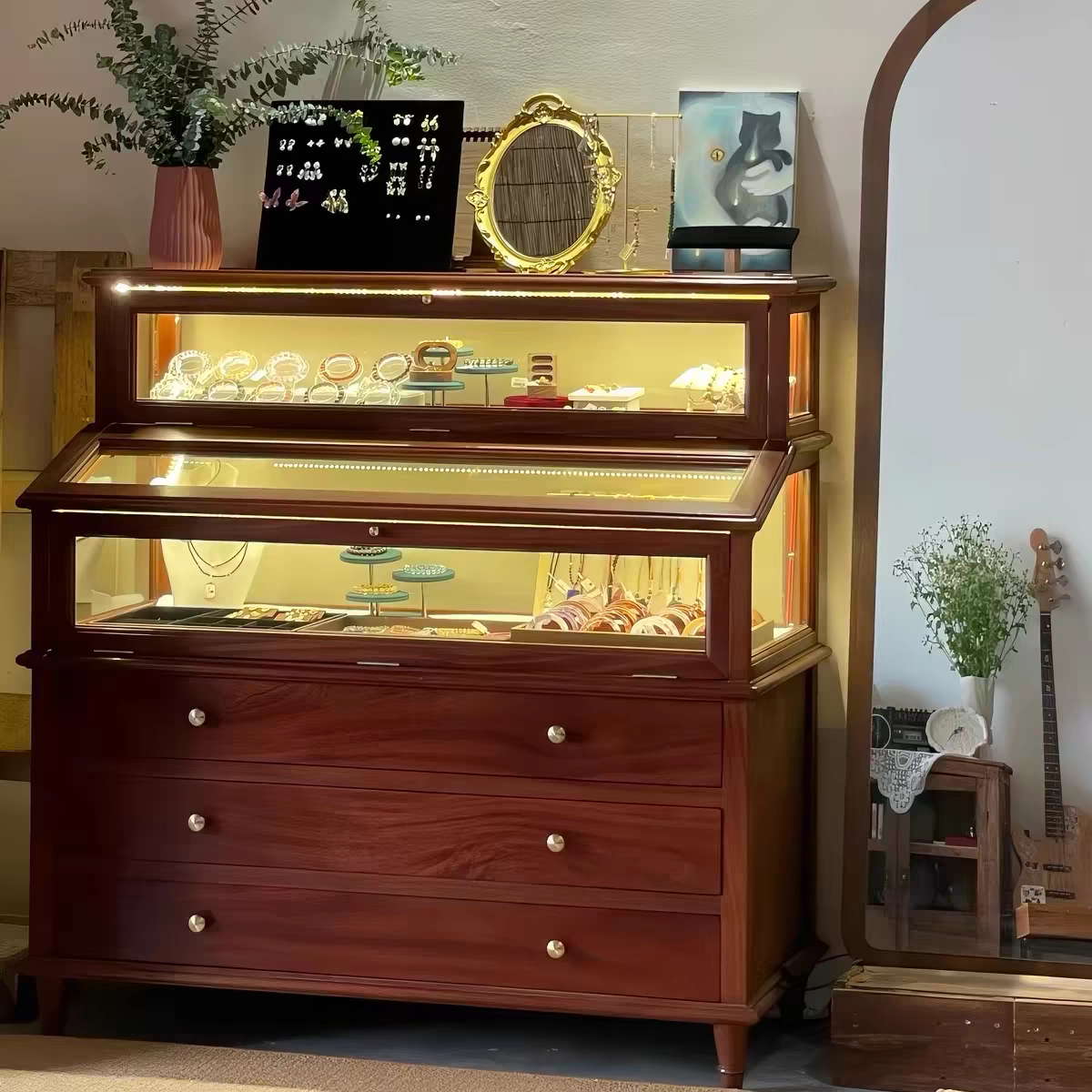 中古珠宝首饰展示柜台手链手串饰品陈列架美式复古玉器玻璃中岛柜