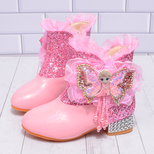 女童靴子短靴皮2025新款小女孩可爱莎公主棉靴雪地加绒儿童高跟靴