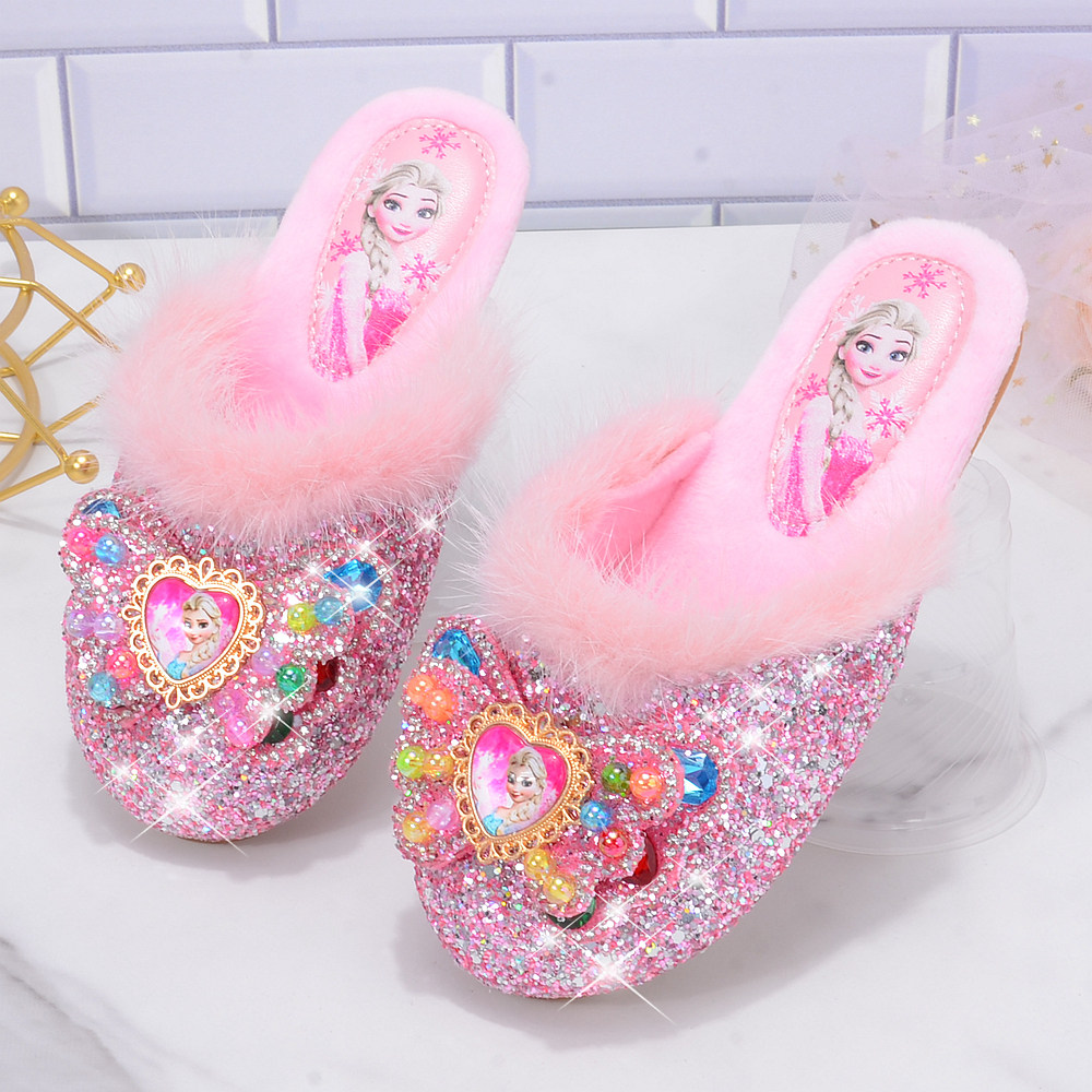 女童棉拖鞋冰雪奇缘可爱莎公主鞋宝宝居家小女孩加绒儿童毛毛拖鞋