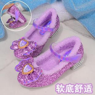 软底公主鞋女童加绒保暖水晶棉鞋小女孩库洛米紫色亮片儿童高跟鞋