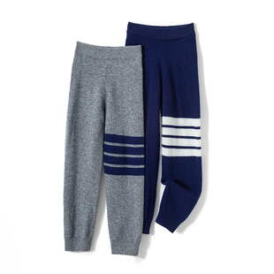 秋冬季儿童羊绒裤男女中小童四道杠针织长裤100纯羊毛运动裤子