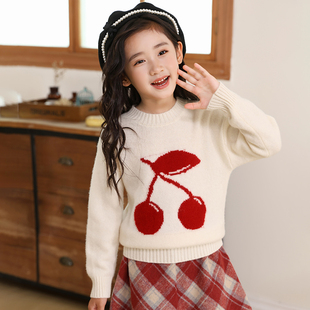 儿童樱桃羊绒衫男童秋冬高端100纯羊毛圆领针织女童软糯打底毛衣