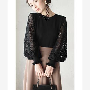 休闲套头针织衫 外单日韩乐天秋季 时尚 蕾丝泡泡袖 上衣 女装