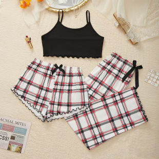 pajamas set home piece wear checkered women Three for