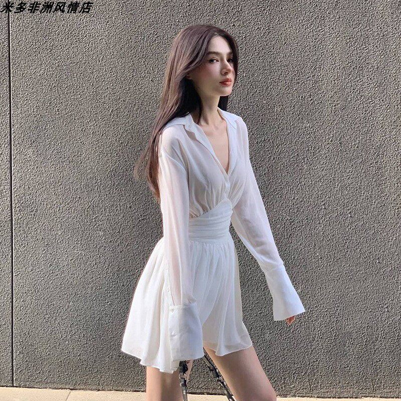 Women single breasted shirt with lapel dress镂空衬衫连衣短裙