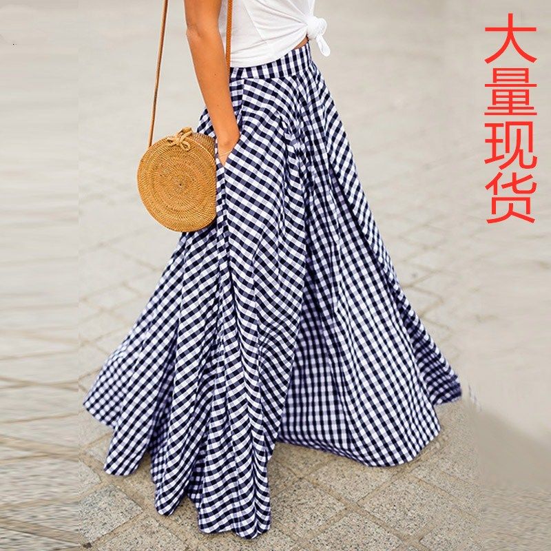ebay速卖通wish夏季时尚优雅气质新款格子高腰大裙摆垂感半身裙女