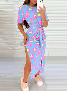 Women Casual Leopard Print Dress豹纹印花短袖绑带休闲连衣裙