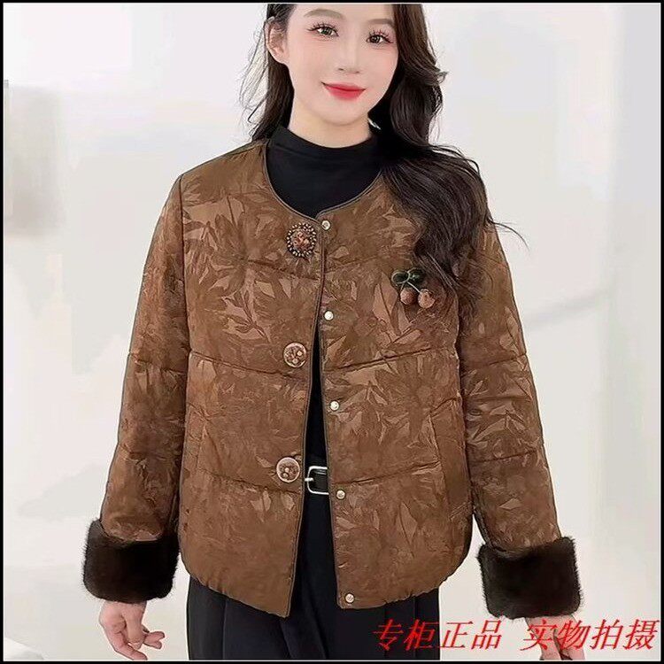 新中式国风短款棉衣女中老年加厚保暖提花盘扣棉服外套
