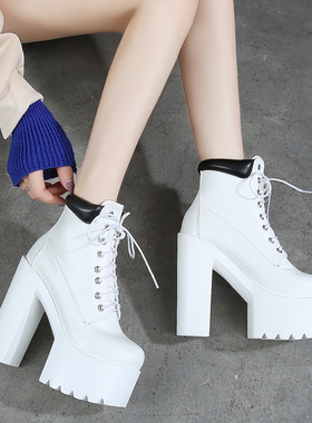 秋冬新款短靴14cm粗跟超高跟跟舞台模特走秀女鞋恨天高厚底马丁靴