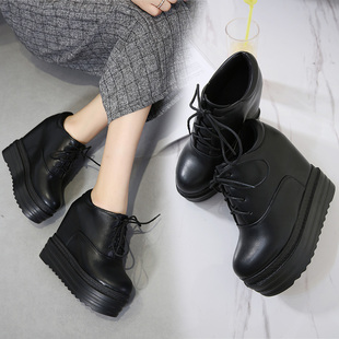 14CM超高跟鞋坡跟短靴秋冬防水台松糕厚底前系带真皮时尚马丁靴女