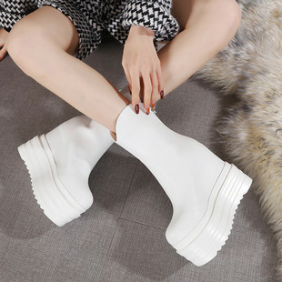 15CM超高跟鞋内增高坡跟短靴松糕厚底白色马丁靴秋冬季小个子皮靴