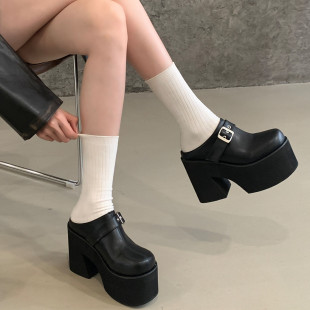 女 防水台松糕厚底皮带扣包头半拖鞋 小个子增高凉鞋 12CM坡跟高跟鞋