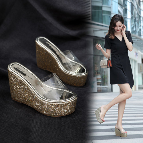 2023夏季新款透明坡跟亮片松糕鞋