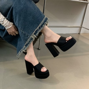 恨天高鱼嘴拖鞋 12cm高跟鞋 女 艺考生T台模特走秀鞋 不累脚粗跟凉鞋