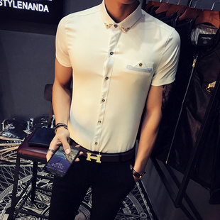 XS码矮个子青年小号短袖衬衫纯色美发师紧身S号男女半袖衬衣s码潮