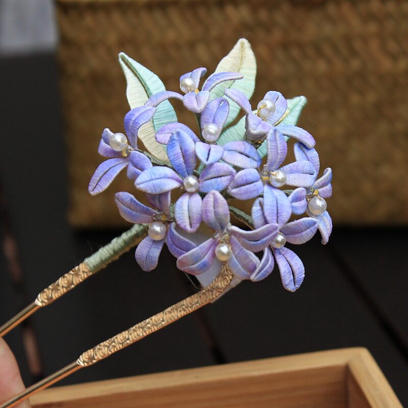 复古旗袍头花缠花绣球发簪钗 汉服头饰复古风蚕丝发光紫阳花发饰