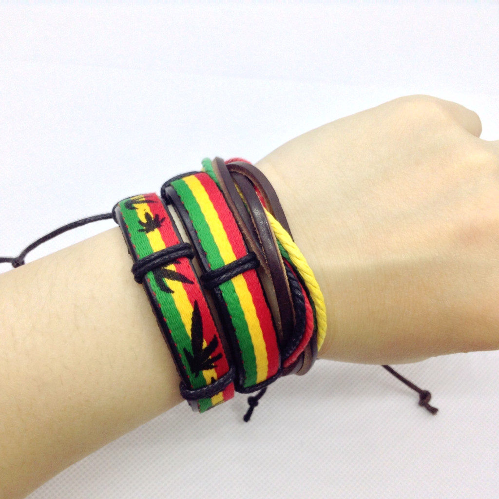 牙买加雷鬼红黄绿手链手工编织撞色个性街头男女情侣皮质手绳潮流