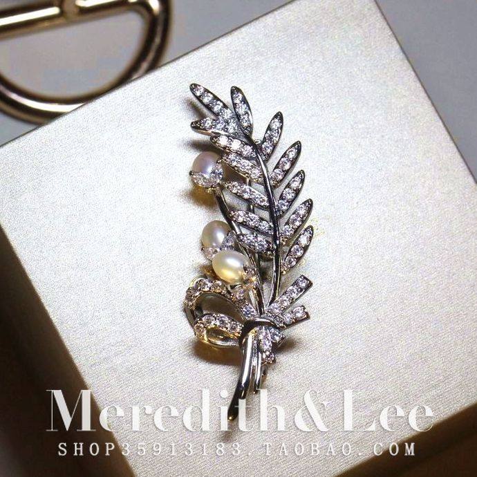 meredith&lee 法式优雅高级感树叶满钻淡水珍珠气质时尚锆石胸针