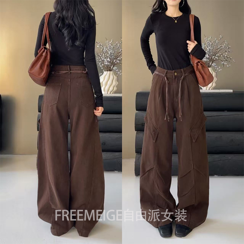 53119咖色美式工装裤2025年秋季新款直筒窄版休闲裁片牛仔裤长裤