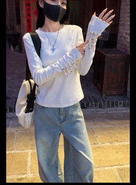 现货 30933春夏新款弹力舒适棉长袖T个性绑扣显瘦百搭上衣女