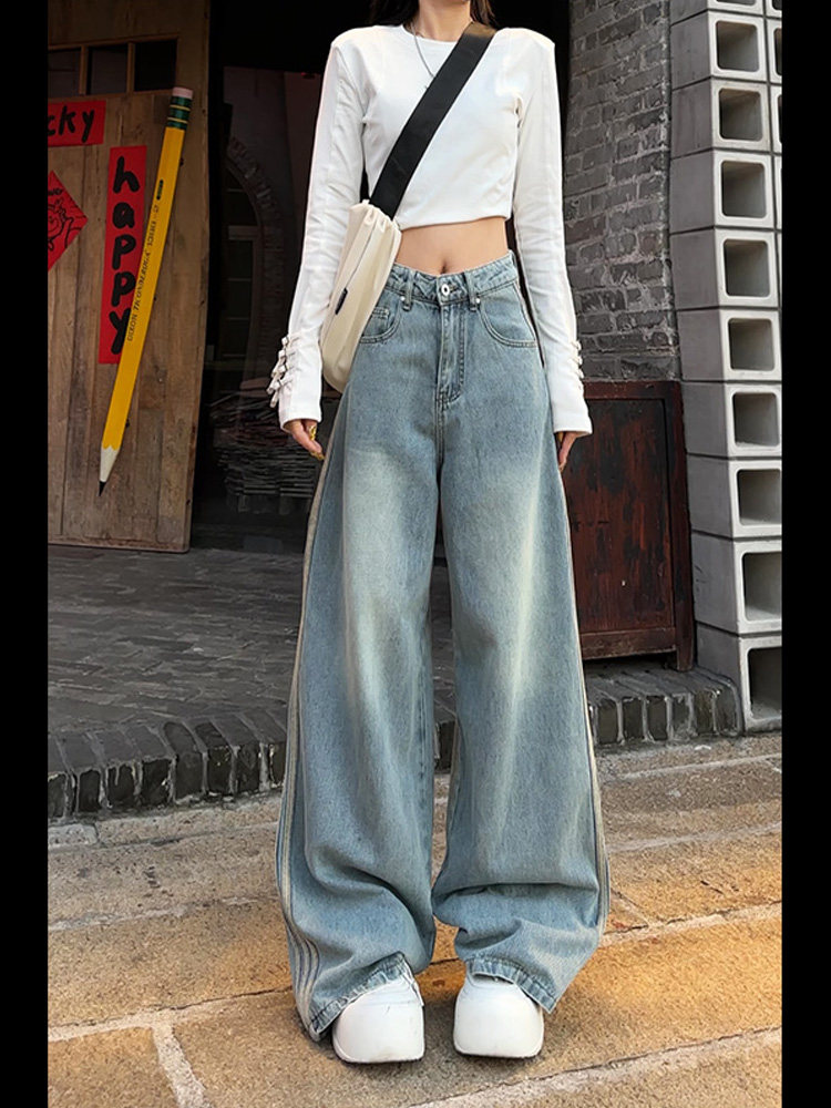 32309 HIGH WAIST JEANS WOMENS SPRING 2025 NEW LOOSE AND THIN AMERICAN SIDE STRIP FLARED MOP PANTS
