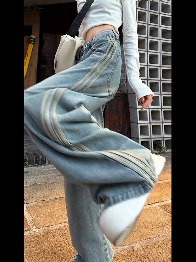 32309 HIGH WAIST JEANS WOMENS SPRING 2025 NEW LOOSE AND THIN AMERICAN SIDE STRIP FLARED MOP PANTS