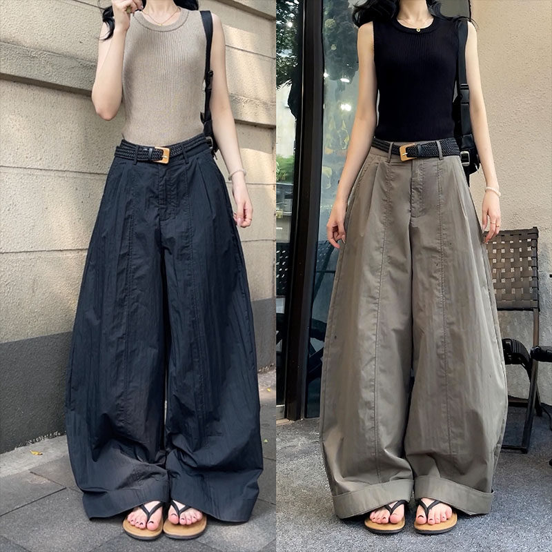 （现货）29660爆款超薄褶皱款阔腿裤2025年夏季慵懒直筒休闲裤女