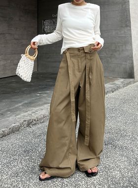（现货）88223极简百搭立体剪裁洗水绑带阔腿休闲裤（配腰绳）