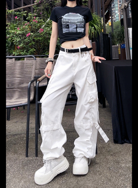 （现货）99123高街多口袋工装裤2025年宽松束脚纯色个性休闲裤女