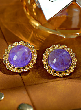 中古vintage高级感轻奢耳环土星太空耳钉紫色圆形麻花边耳钉S925