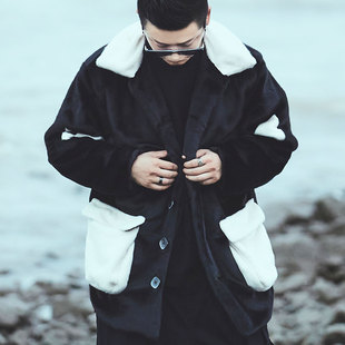 2021冬潮牌玉貂绒毛绒风衣外套棉衣情侣拼接宽松欧美街头男女SCND