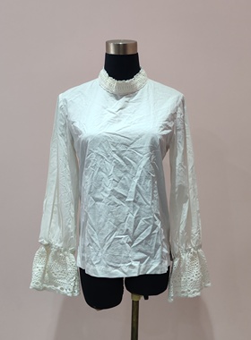 xi然女春秋季新款小众复古法式浪漫蓝色白色纯棉镂空花边长袖衬衫