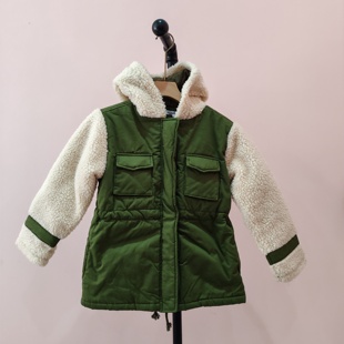 男女童冬季加厚羊羔绒拼接内里夾棉保暖连帽束腰绑带外套棉袄棉衣