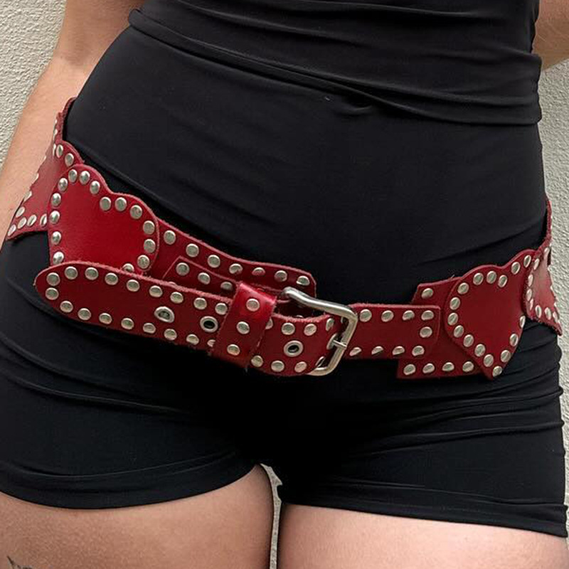 美式复古不规则皮革拼接铆钉皮带迷你腰包金属扣腰带辣妹服装配饰
