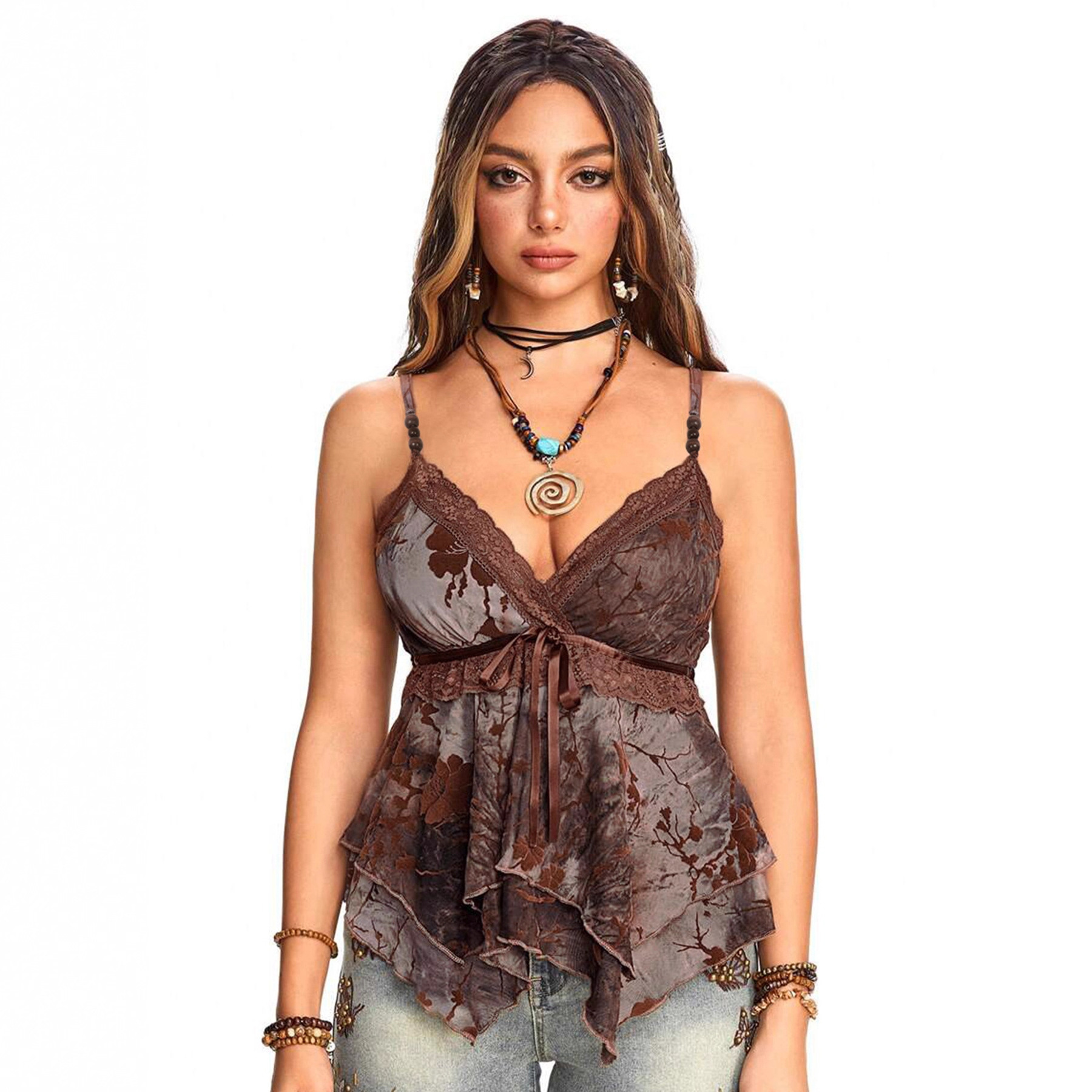 古着感复古印花深v领吊带小背心女2025夏季跨境ins新款上衣潮