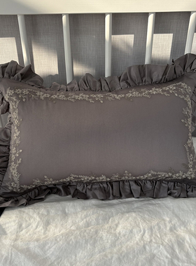 出口外单重工复古刺绣花朵抱枕荷叶边长方形靠垫灰色家居装饰靠枕