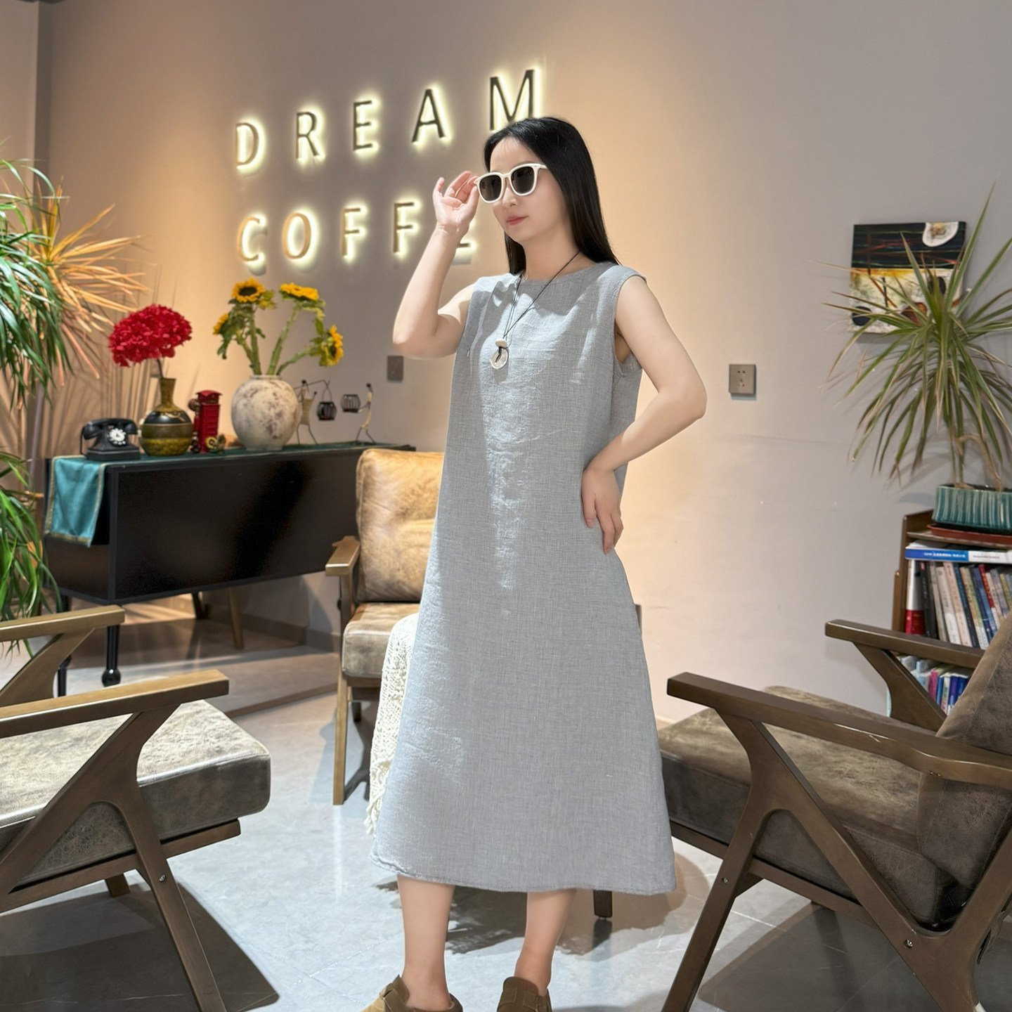 外贸出口日单纯汉麻女款色织千鸟格无袖连衣裙凉爽透气舒适女长裙