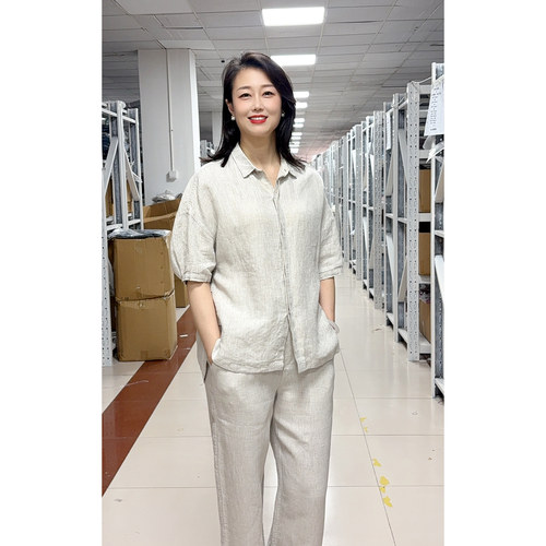 出口日单外贸100%汉麻开衫女款翻领短袖春夏凉爽休闲简约女士衬衫