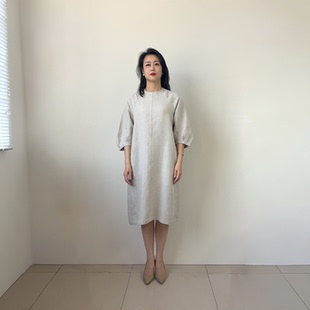 外贸新款100%纯汉麻花苞袖连衣裙气质减龄女款圆领透气宽松长裙
