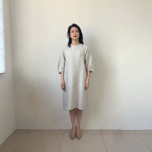 外贸新款100%纯汉麻花苞袖连衣裙气质减龄女款圆领透气宽松长裙