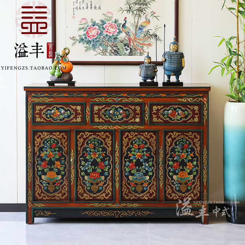 西藏仿古实木彩绘玄关柜民族风手绘复古餐边柜创意美学会所家具