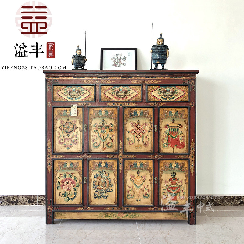 藏式复古典彩绘八宝玄关柜酒店民俗绘画装饰柜做旧门厅储物餐边柜
