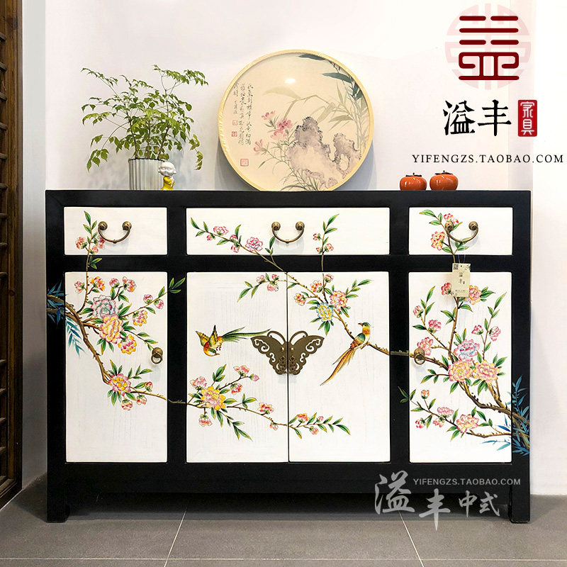现代新中式彩绘玄关柜鞋柜实木手绘白色简约客厅餐边柜间厅柜装饰