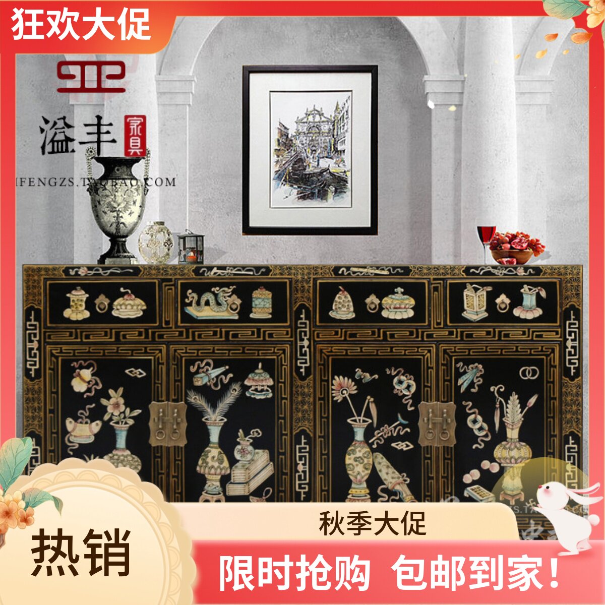 新中式仿古家具实木手绘门厅客厅卧室储物柜子复古餐边柜玄关鞋柜