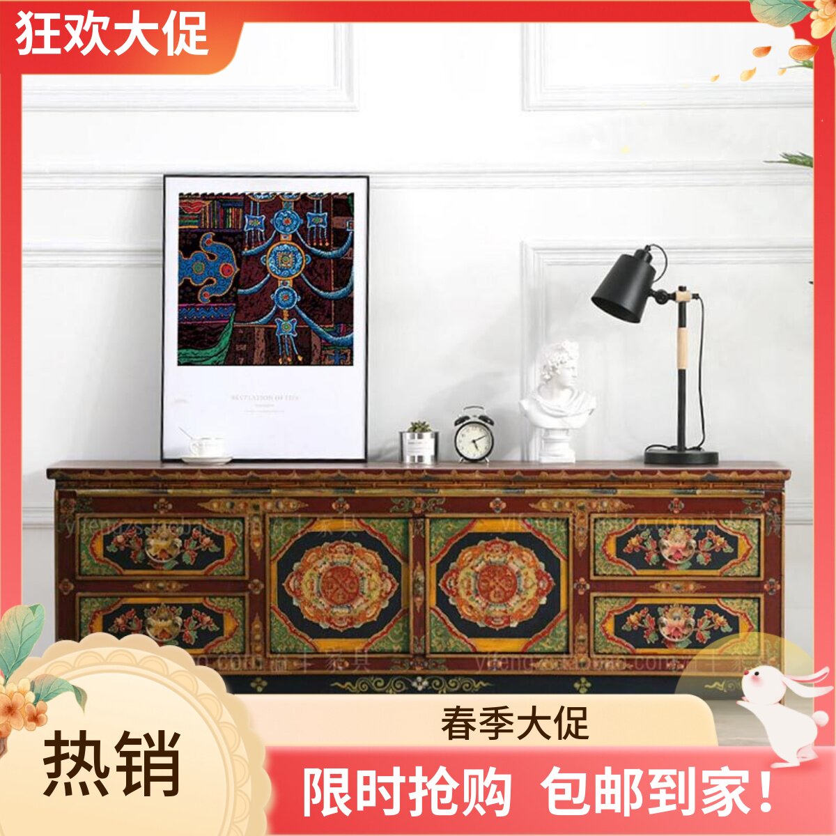实木电视柜矮柜中式做旧复古典彩绘储物地柜装饰边柜西藏式混搭柜