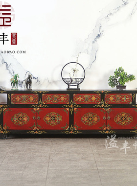 中式彩绘电视柜明清仿古西藏实木地柜矮柜储物柜红色做旧复古边柜