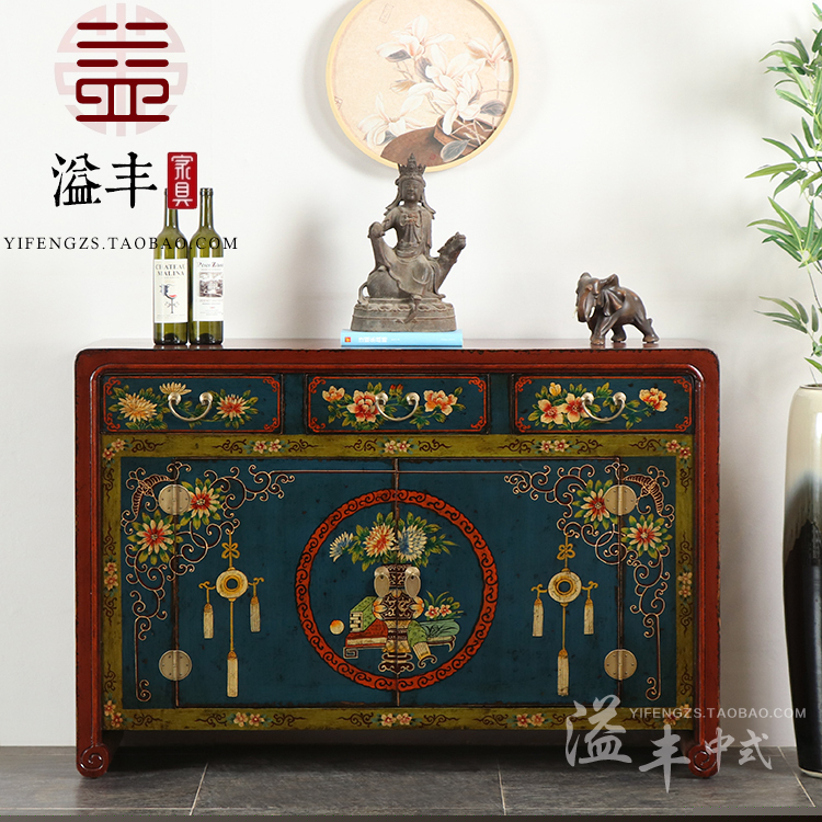 明清仿古家具手绘做旧储物柜中式描彩绘玄关柜餐边柜复古典备餐柜