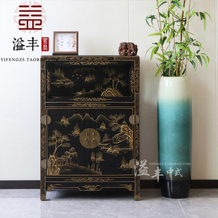 描金彩绘柜古典山水漆器收纳柜客厅书房储物立柜实木玄关柜 新中式